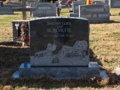 Burchette - Virginia Mist Gravestone with Farm Scene and Rock Pitch Rounded Top and Sides
